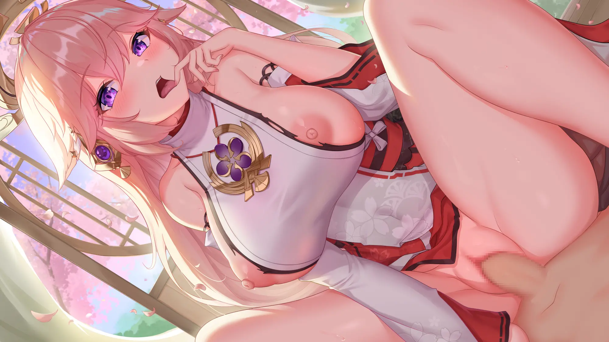原神の八重神子が騎乗位でふとももと輪チラを披露。巨乳が目立つ描写。