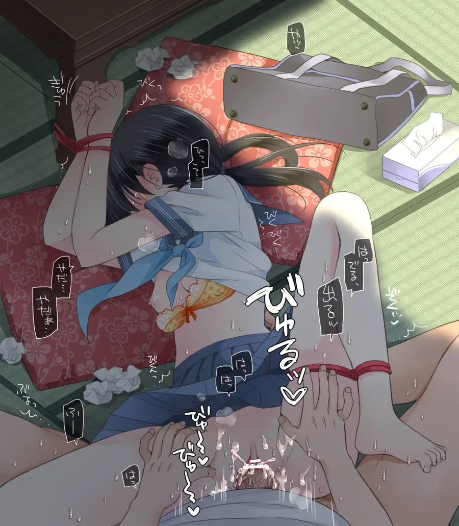 妊娠状態で拘束され、中出しされるセーラー服のキャラクター、ハメ撮りの描写