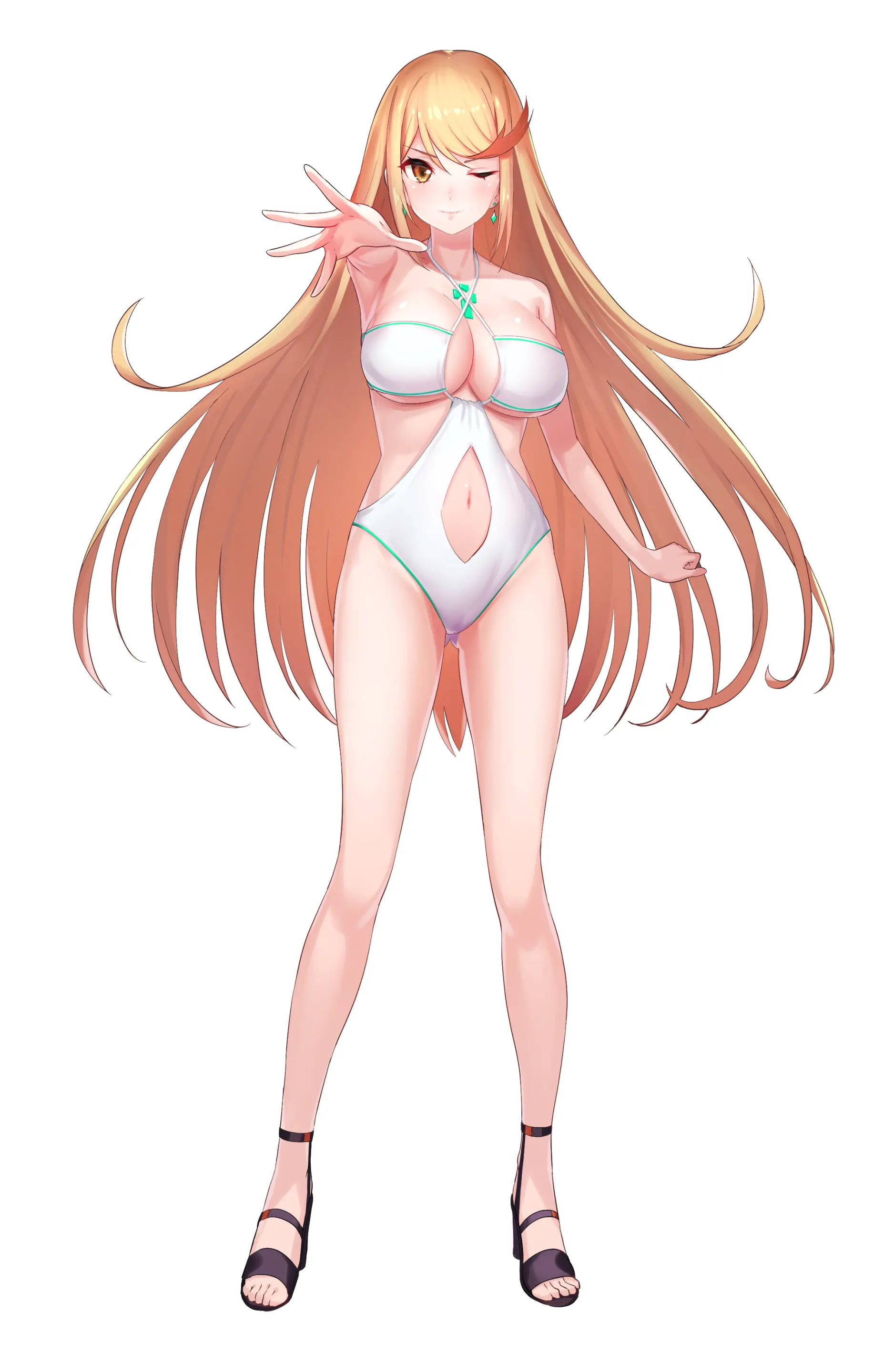 ゼノブレイド2のホムラがエロ水着を着用し、おっぱいが強調された姿。サンダルを履き、落書きのような遊び心も感じられる。