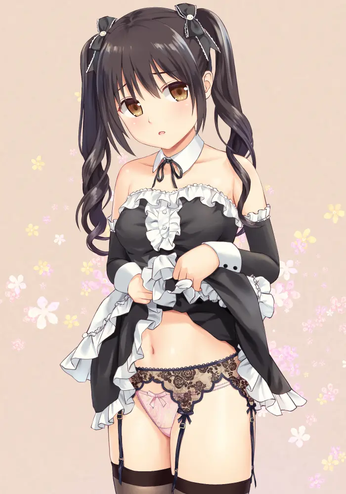 ツインテールのキャラクターがたくし上げたスカートでふとももとおへそが強調され、下着とガーターベルトが映える描写